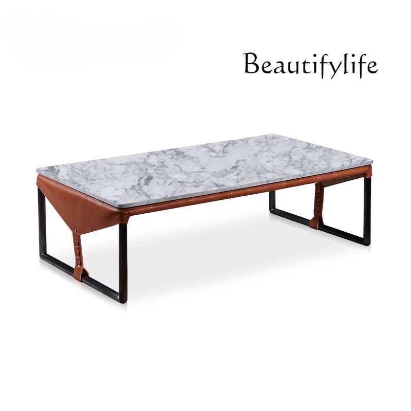 

Italian Minimalist Rectangular Marble Tea Table Post-Modern Light Luxury Saddle Leather Stainless Steel Tea Table