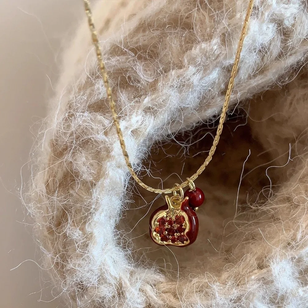 New Red Pomegranate Pendant Necklace Sweet Cute Fruit Earrings Delicate Minimalist Clavicle Choker Party