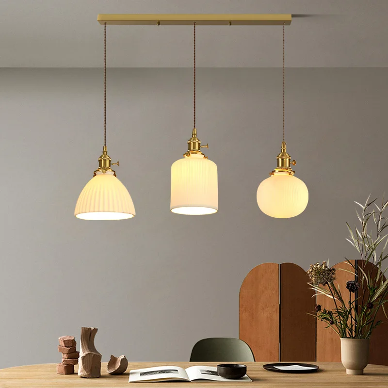 النمط الياباني خشب الجوز حليبي الزجاج قلادة LED أضواء الرخام الطبيعي جو إضاءة المطعم غرفة نوم المنزل الثريا #2