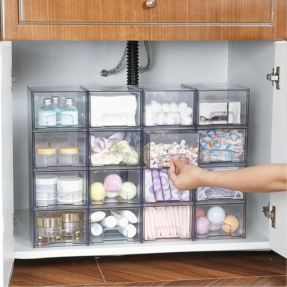 

2-4 PCS Stackable Plastic Drawers, Bathroom & Kitchen Organizer, Under Sink Storage Bins for Home Organization Storage Supplies
