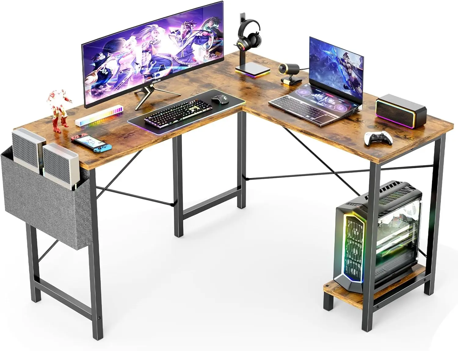 L-Vormige Computer Bureau-50 Inch Pc Met Houten Desktop Cpu Stand Zijtas Omkeerbaar Voor Thuis Kantoor Slaapzaal Kleine Ruimte