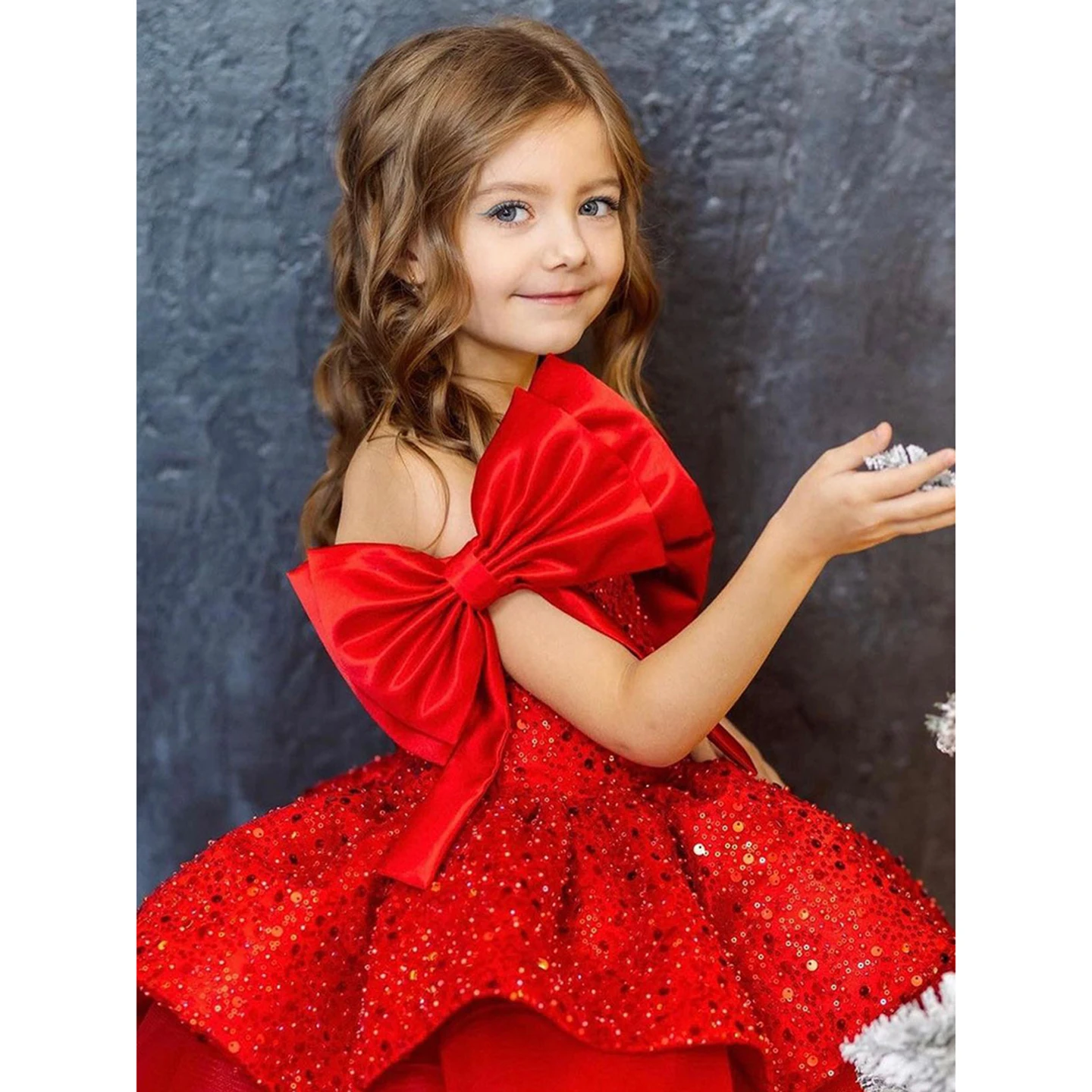 Enchanting Red Girls Princess Party Dress Square Neck and Oversized Bow Sleeves Flower girl dress Knee-Length Pageant Dress