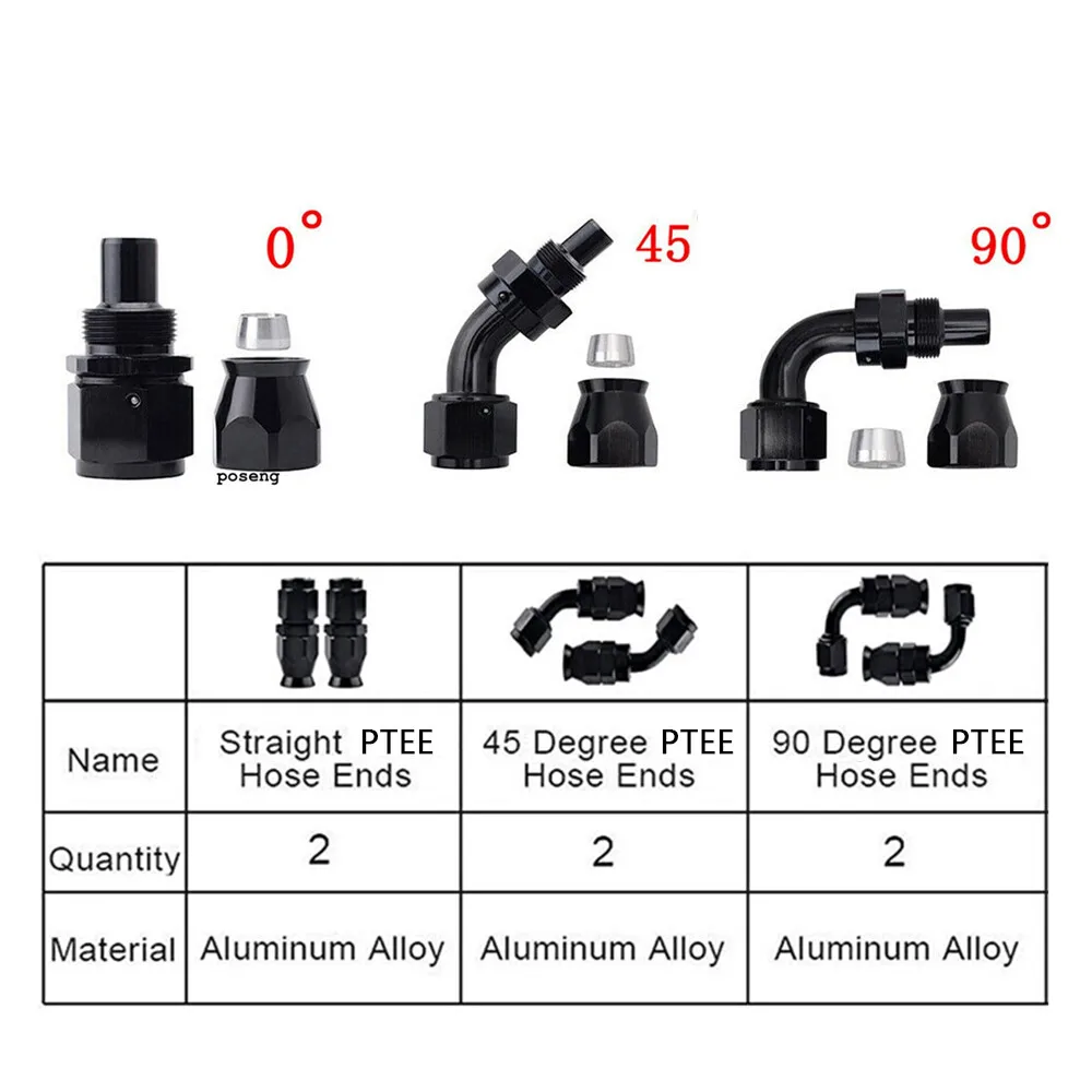 AN4/6/10 Nylon geflochtene PTFE-Kraftstoffleitung 10FT 6PCS Armaturen Schlauchset E85 Schwarz