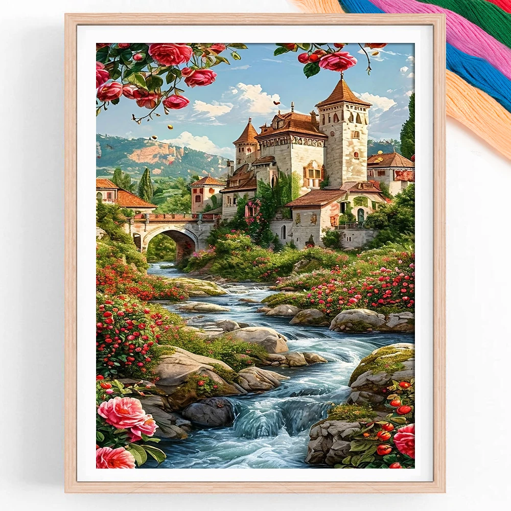 Landschafts-Schloss Kreuzstich-Set Stickerei-Nadelarbeit-Sets Stoff DIY Bedruckte 5D-Muster Wohnaccessoires