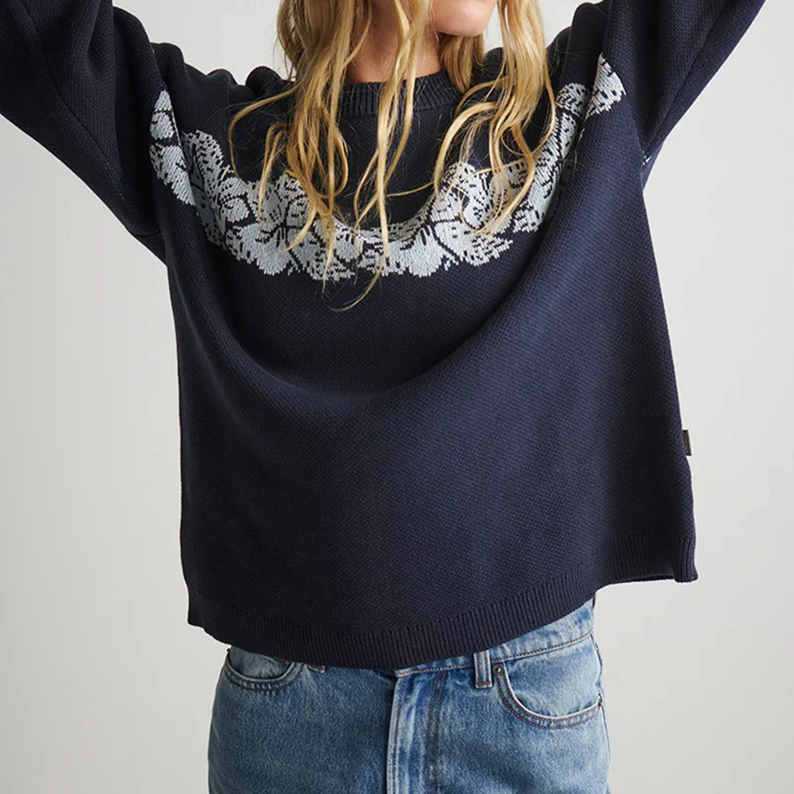 

Women's Fall Winter Knit Sweater Loose Fit Casual Floral Pattern Ribbed Trim Crew Neck Long Sleeve Knit Pullover Tops
