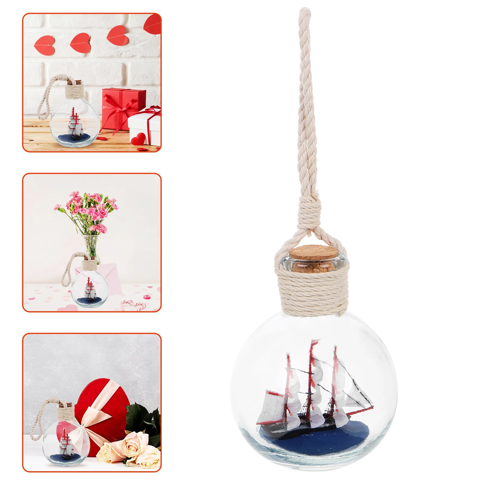 Mediterranean Style Sailboat Drift Bottle Glass Hanging Ornament with Hand-Tied Rope for Coastal Home Decor Wedding Beach Party