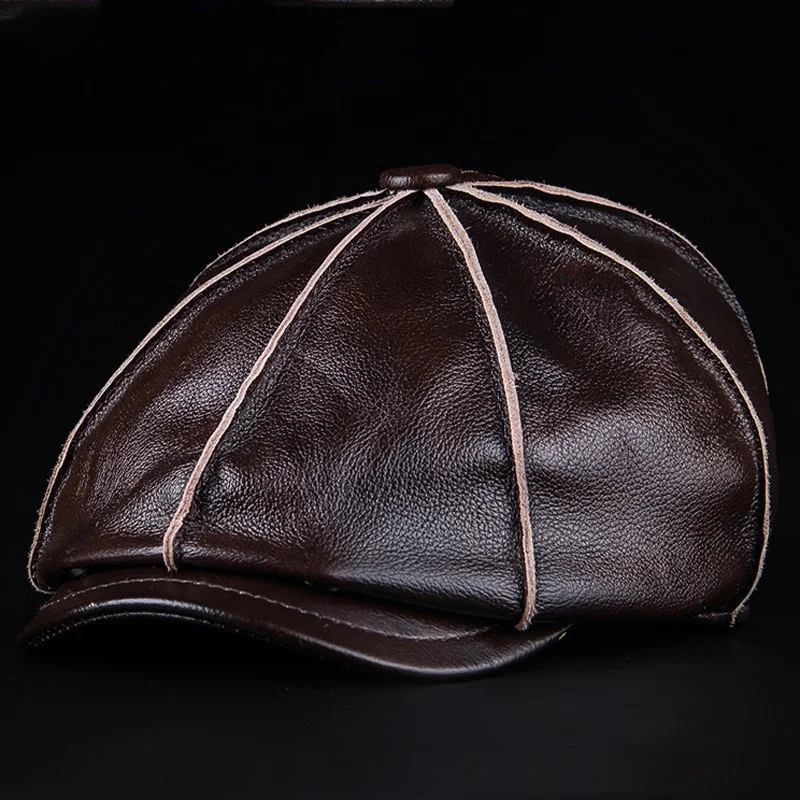 The first layer of cowhide octagon hat leather beret  outdoor autumn winter warm with ear wind cold