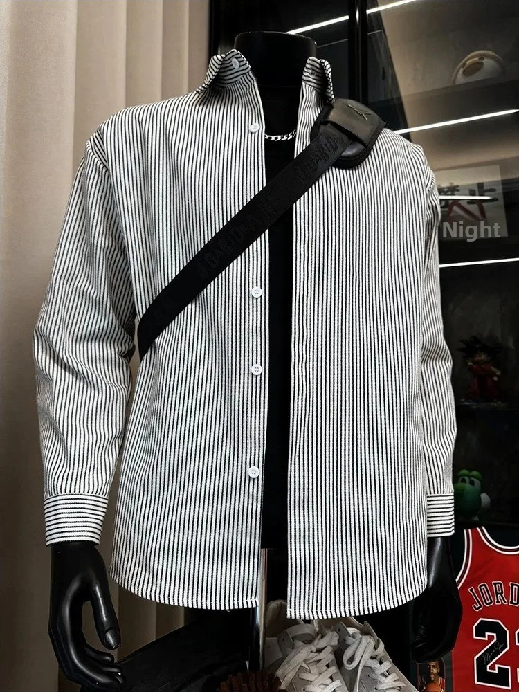 Black Vertical Striped Long Sleeve Shirt Men's Autumn Winter American Trendy Brand Inner Wear Cleanfit Layering Jacket