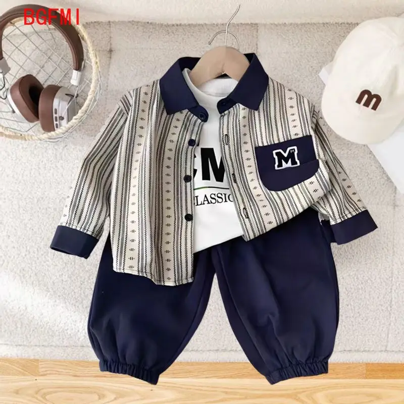 

2-9 Y KID Boys Autumn Outfit 2025 New Children's Spring Autumn Striped Shirt+ Corduroy Korean Version Baby Casual Two-piece Set