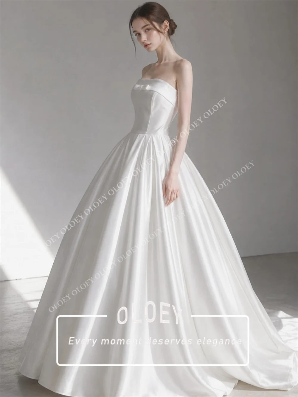 OLOEY Elegant Satin Princess Wedding Dress Strapless Small Bow Puffy A-Line Bridal Gown Korea Photo Shoot Corset Customized