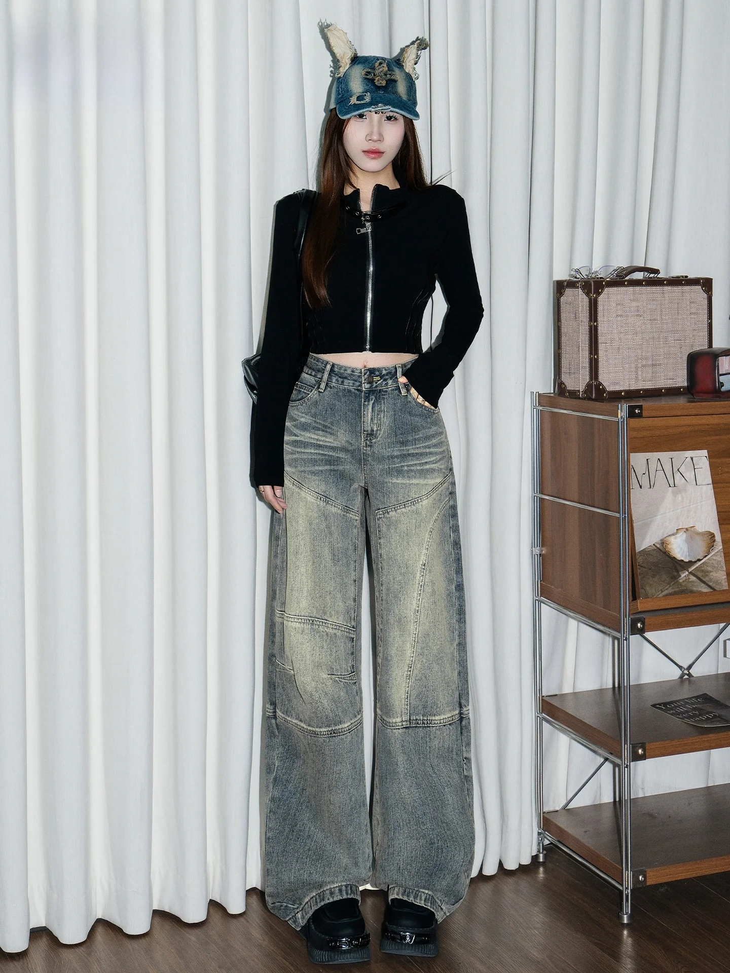 

Retro Blue American Style Wide Leg Denim Jeans Women's Summer Hot Girl Loose Slim Straight Long Pants High Waist Casual Jeans