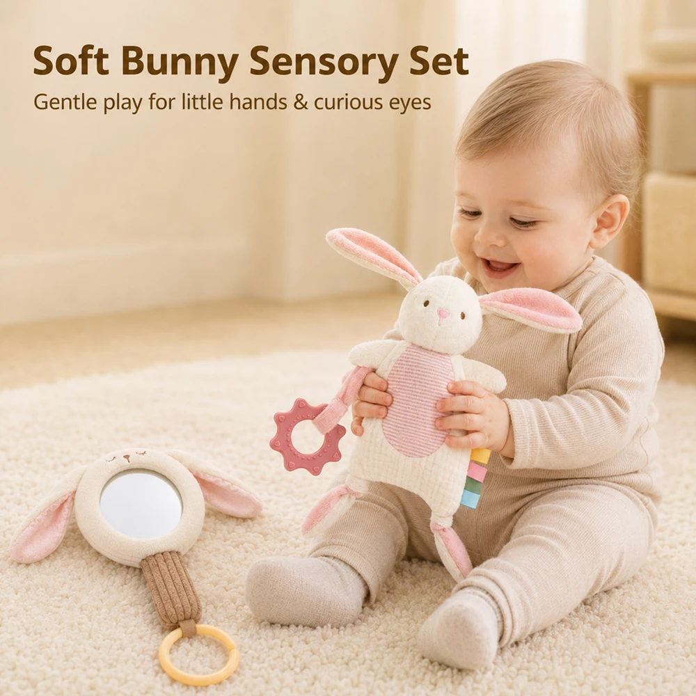 2 Piece Baby Bunny Sensory Baby Toys Handheld Mirror Plush Soft Toy Ribbed Handle Silicone Teether Fine Motor Skill Toys Gifts