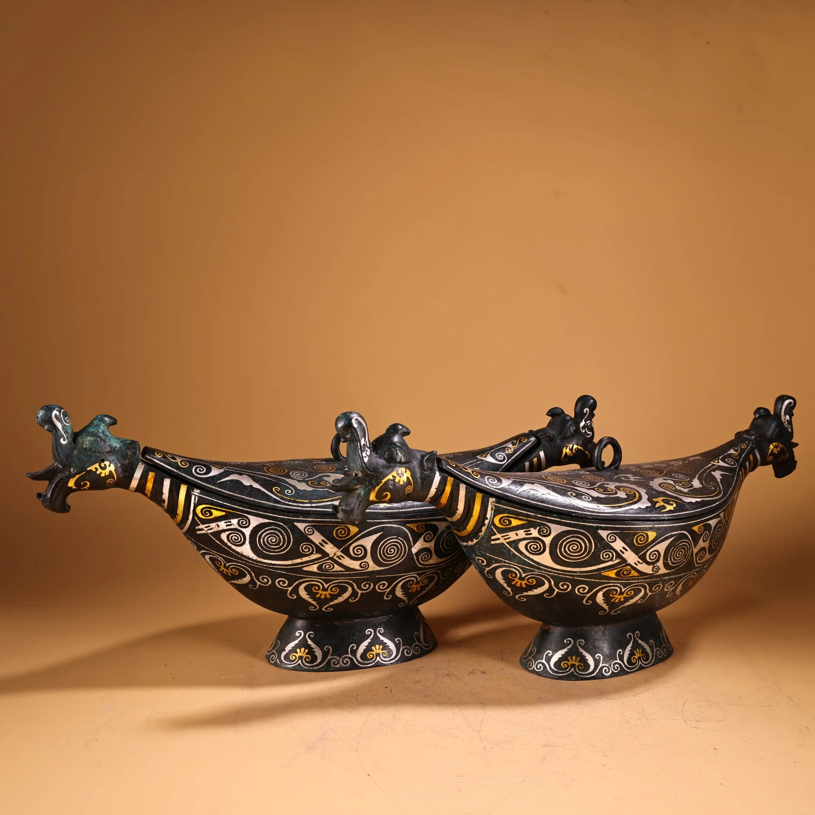 

Tibet Folk Old Bronze Gilded Inscription Oracle Bone Script Pattern Double headed Phoenix Zun Cup Wine Glass Kettle