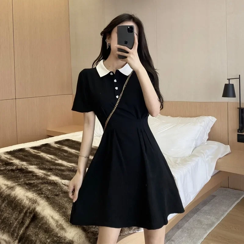 

Mini Shirt Dress Women Summer Short Sleeve Polo Dresses French Elegant High Waist Preppy Vestidos Korean A-line Robe Платье 원피스