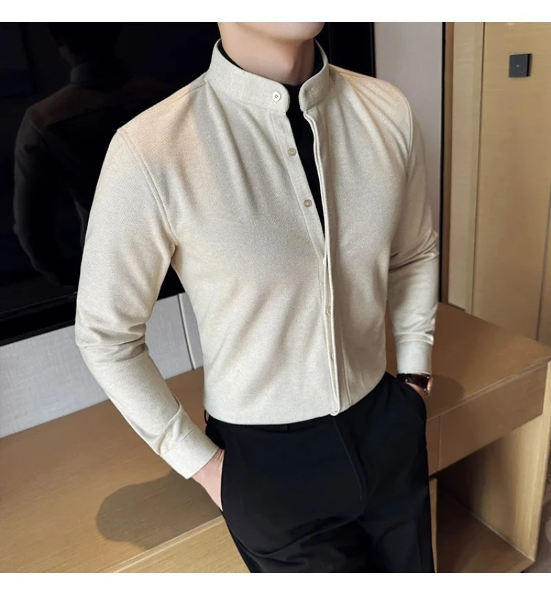 Casual Shirt Sweater, Brown Slim Men's Half-High Collar Top, Brushed Fabric Stand Collar Shirt