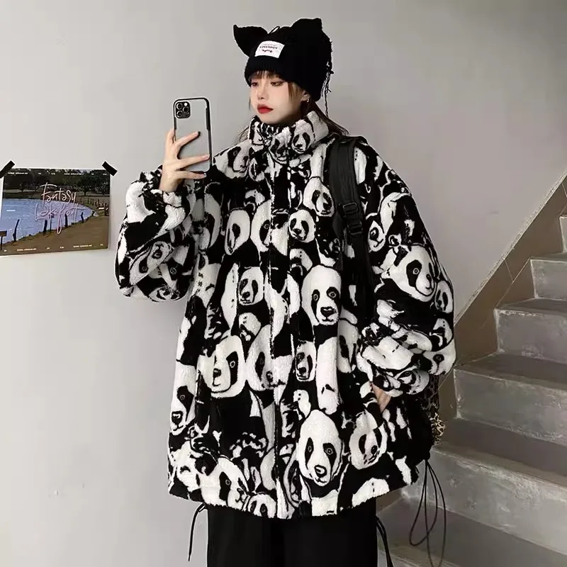 Men Jacket Coats Y2k Panda pattern New Winter Fleece Streetwear Casual Harajuku Coat Zip Up Woman Outerwear Wear on both sides