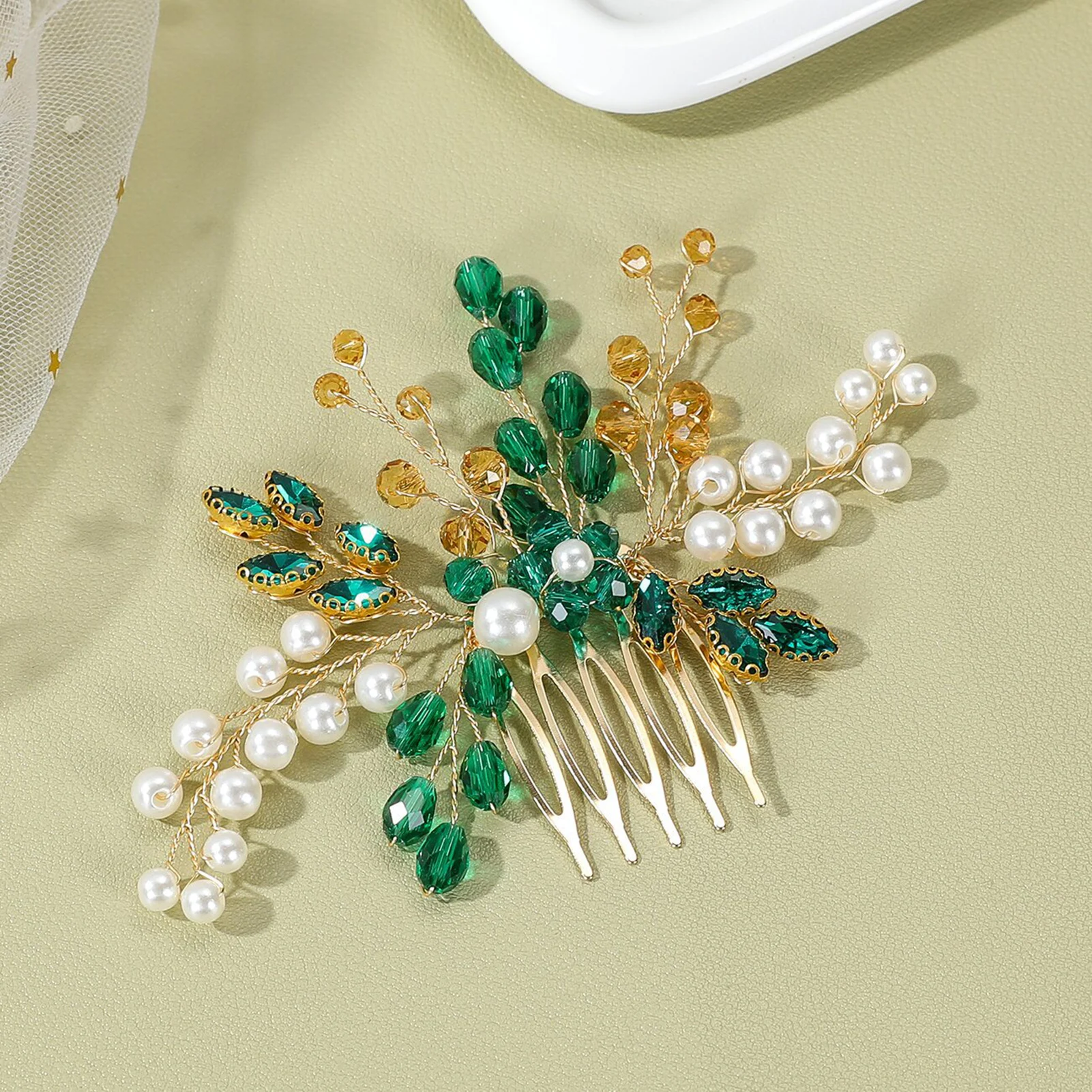 مشط شعر مضفر باللؤلؤ دبوس شعر على شكل كمثرى أخضر مع أوراق ذهبية لحفلات الزفاف وإكسسوارات شعر لحفلات الزفاف والتيجان العصرية