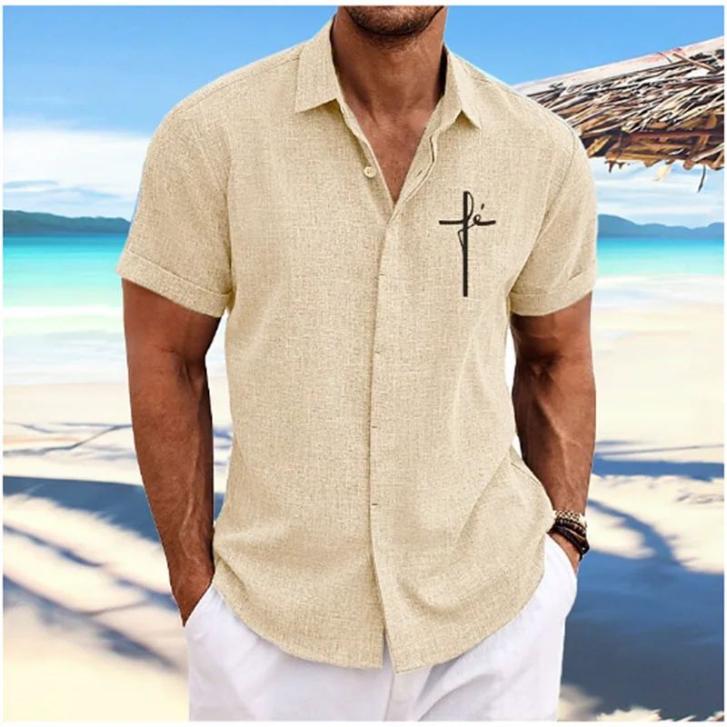 Camisa con estampado cruzado para hombre, camisa blanca de manga corta con botones y solapa, ropa de calle, informal y suave, de diseñador, a la moda, 2023