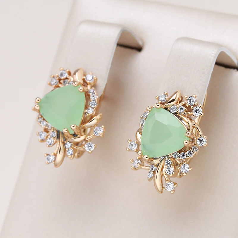 Kinel New Trend Crystal Flower Earrings for Women 585 Rose Gold Color Green Natural Zircon Drop Earrings Fine Daily Jewelry