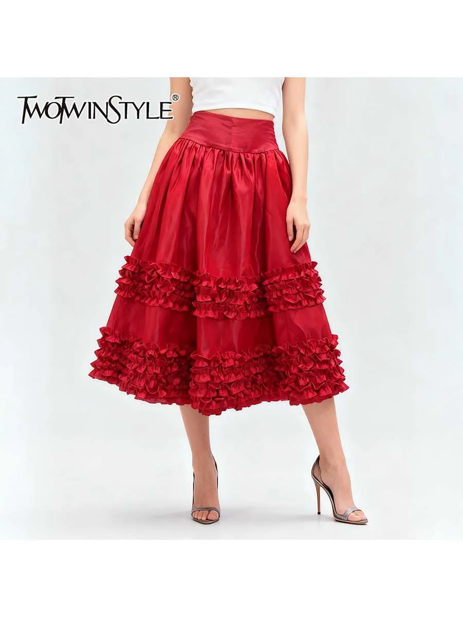 

TWOTWINSTYLE Elegant Loose Spliced Fungus Folds Long Skirts for Women High Waist Patchwork Shirring Casual Skirt Female Clothing