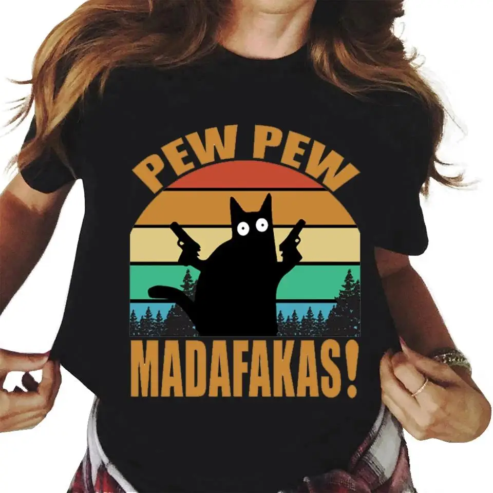 Pew Madafakas wydruk graficzny śliczne czarne koty T Shirt mężczyźni kobiety moda na co dzień wycięcie pod szyją krótki rękaw Plus rozmiar Unisex T