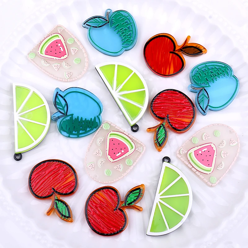 10pcs Acrylic Apple Watermelon Lemon Print Fruit Charms Pendant for DIY Jewelry Making Party Earring Necklace Key Chain Findings