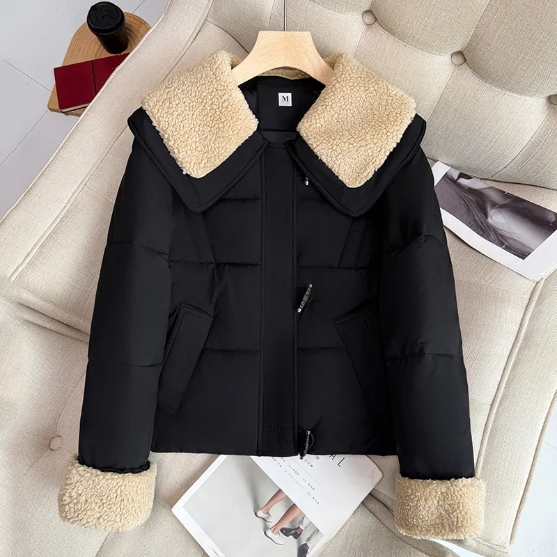 PinkyIsBlack 2025 New Turn Down Collar Contrast Color Fashion Stitching Horn Buckle Short Cotton Padded Winter Women Jacket