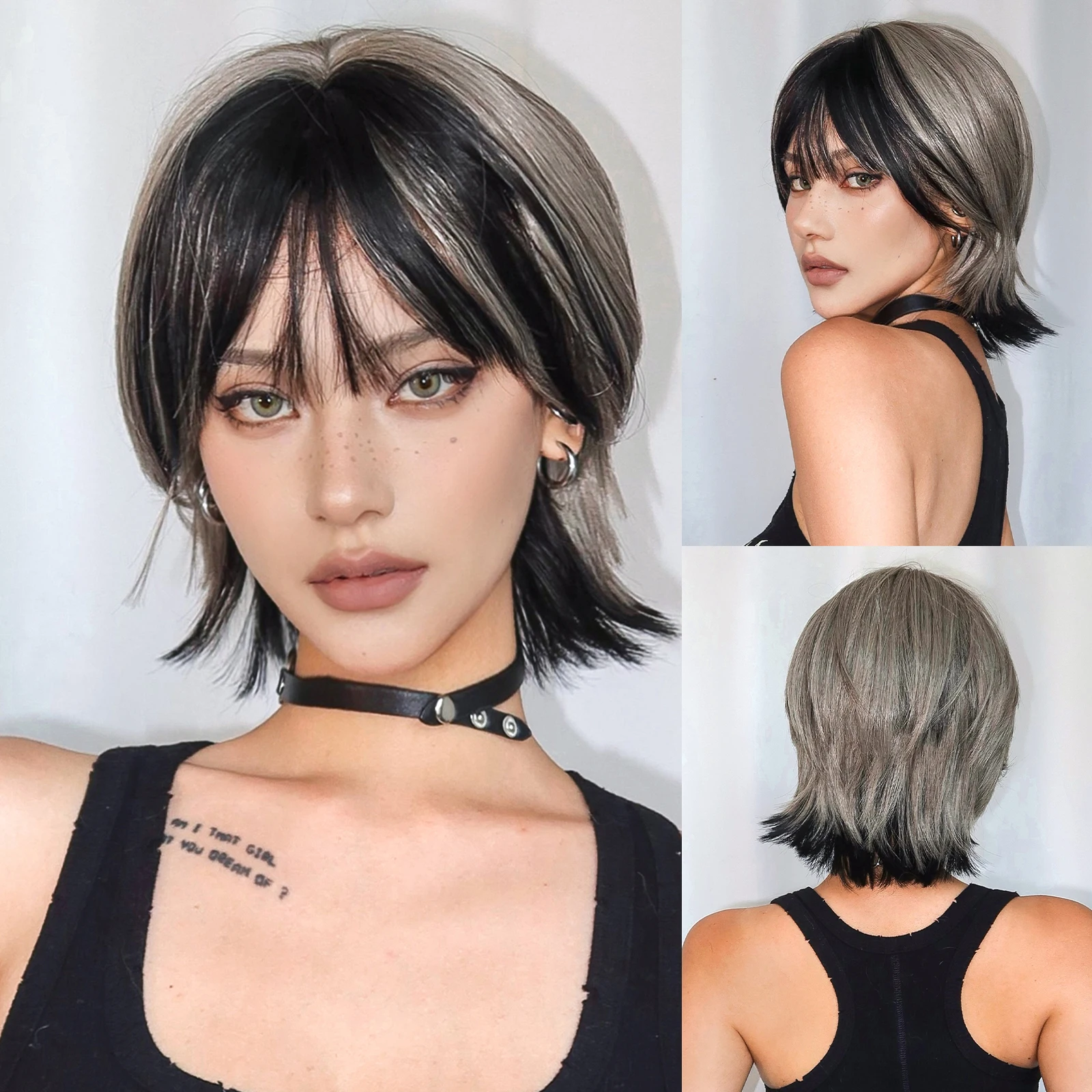 

Short Straight Mullet Head Wigs Black Silver Mixed Gray Wig With Bangs For Women Cosplay Party Synthetic Hair Use Heat Resistant