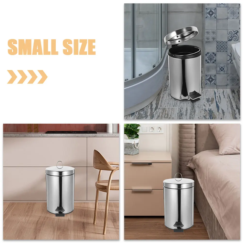 

Stainless Steel Pedal Trash Can 5L Bathroom Kitchen Garbage Bin Household Silver Round Non Soft Close Waste Basket for Home