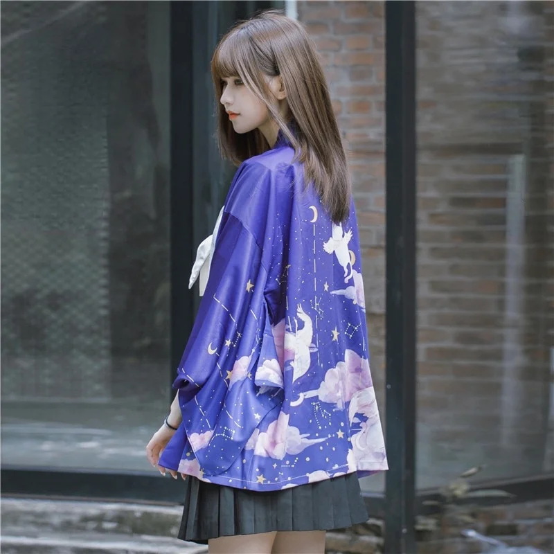جديد فضفاض الأرجواني Kawaii القطط طباعة اليابانية الشارع الشهير سترة النساء الرجال Harajuku Haori كيمونو تأثيري بلوزة يوكاتا