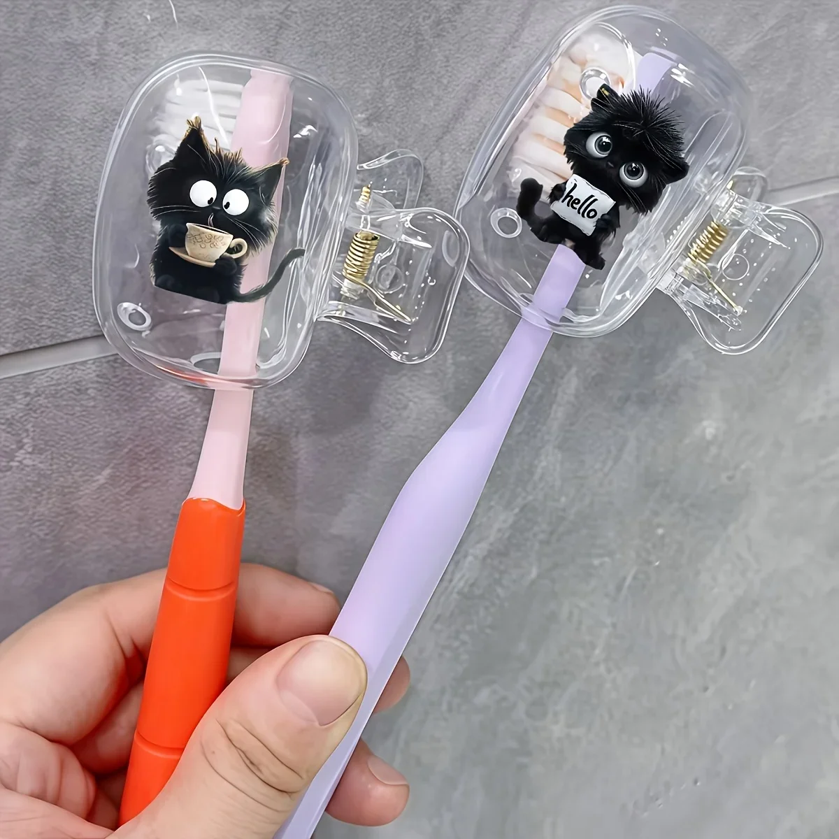 2pcs Charcoal Black Cat Toothbrush Holder Set Portable Home and Travel Toothbrush Clip with Protective Case Gift for Girls