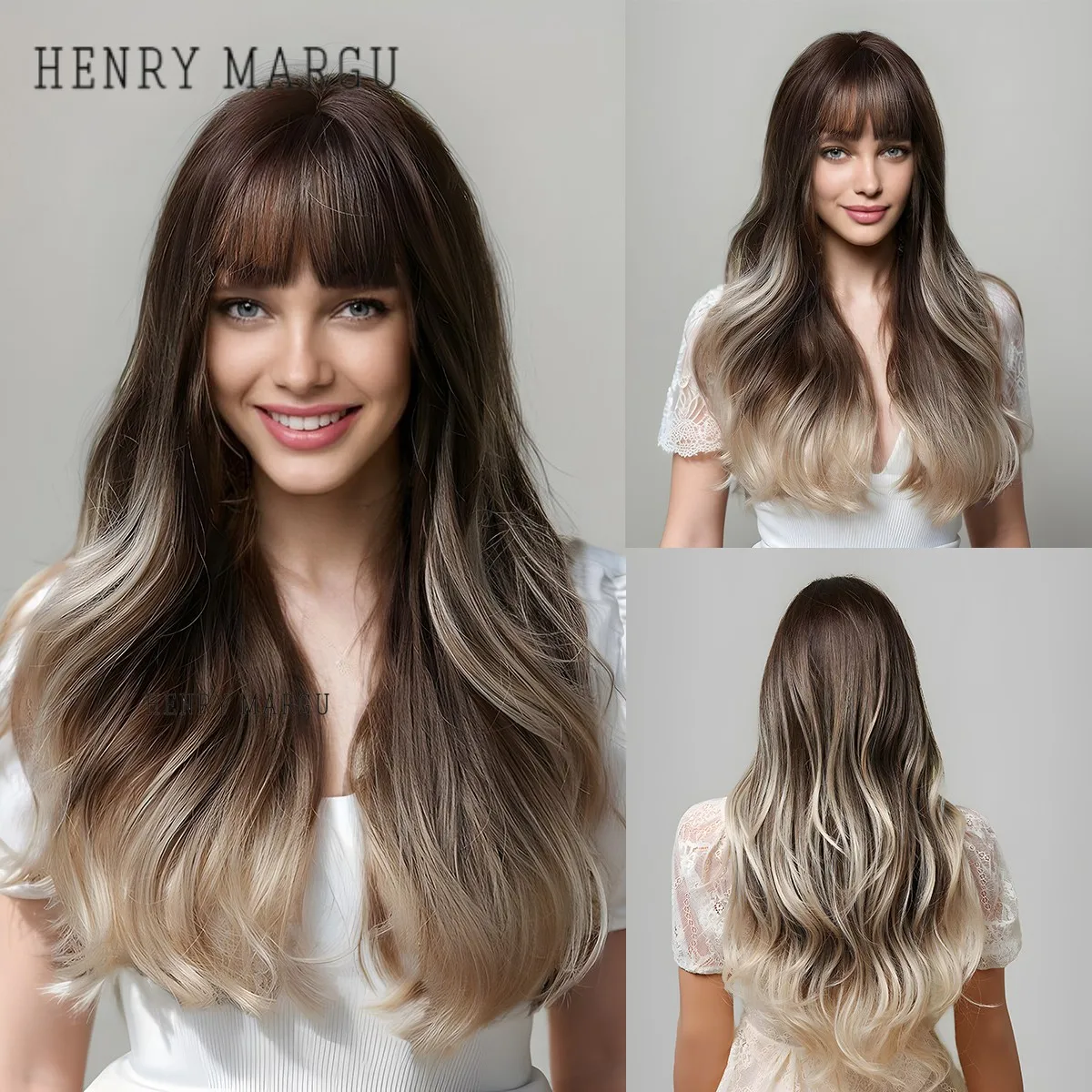 HENRY MARGU Long Blonde Ombre Synthetic Wigs with Bangs Natural Wavy Hairstyle for Women Cosplay Party Heat Resistant Fiber Wigs