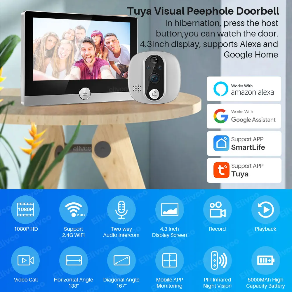 Tuya Video Doorbell WiFi Peephole Door Bell IP Camera 1080P With 4.3inch Display Screen Smart Life Works With Alexa Google Home