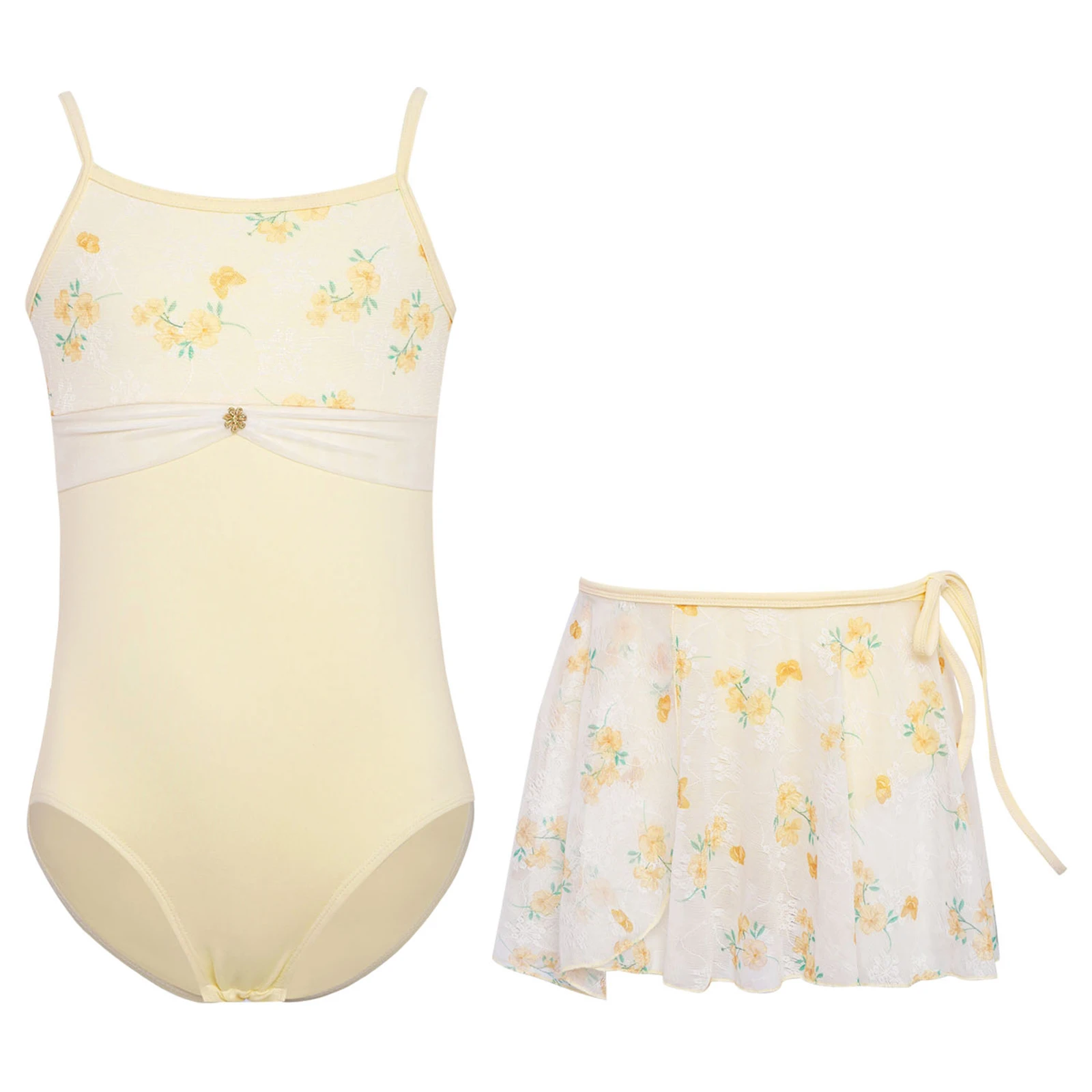 

Kids Girls Gymnastics Ballet Dance Costume 2Pcs Sleeveless Adjustable Spaghetti Straps Floral Printed Leotard with Lace-up Skirt