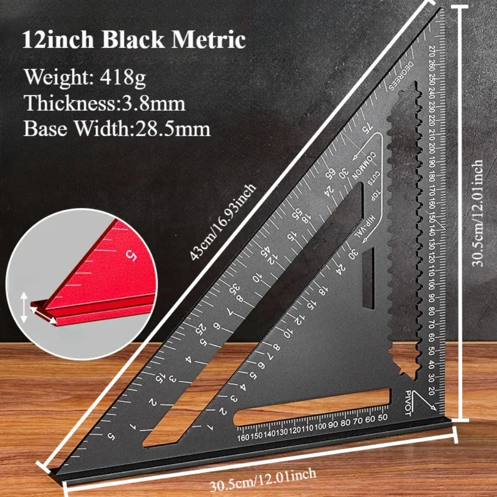7''/12'' Metrisches Holzbearbeitungs-Hochpräzisions-Dreiecklineal, Aluminiumlegierungslineal mit Ergonomischem Griff für DIY & Messungen – Detail 10