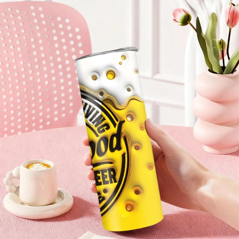 1pc 20oz straw water bottle, insulated stainless steel water cup with skull and beer design, Father's Day motif.