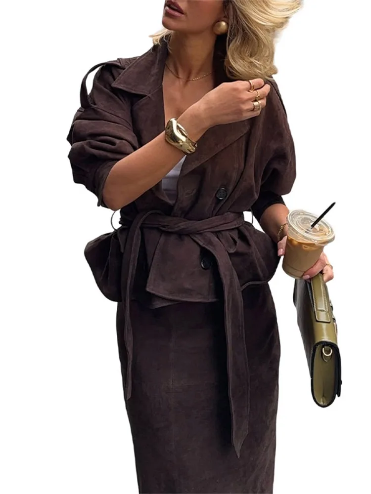 2025 Autumn Winter Fashion Elegant Women's Suede Jackets Skirts Suit Lace Up Lapel Solid Lady Sets