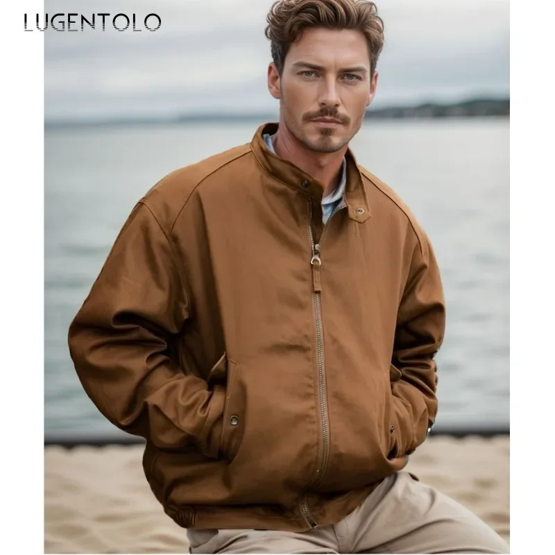 Men Casual Jacket Outdoor Riding Windproof Aviator Biker Coats Fashion Snap Button Stand Collar Zip Up Cardigan Baseball Uniform