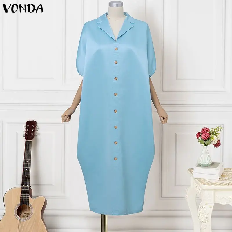 

Летние и весенние женские платья VONDA больших размеров, однотонные, свободного кроя, с отложным воротником, с пышными рукавами, модные длинные макси-платья