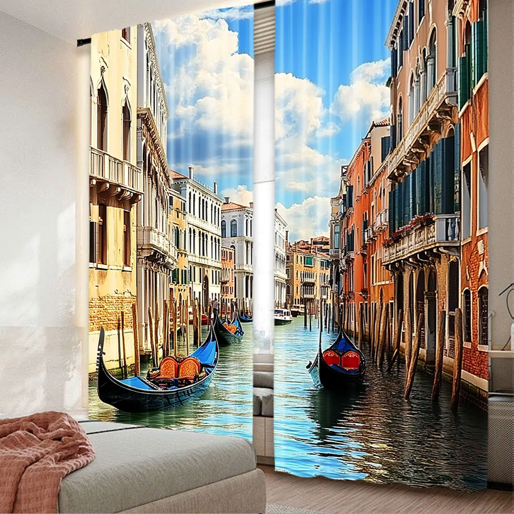 2Pcs Venice Town Street Curtain Italy Traditional Buildings Canal Bridge Boats For Living Room Bedroom And Many Other Occasions