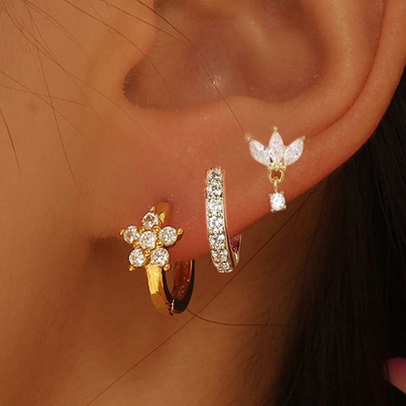 Conjunto de pendientes de aro Huggie de flores para mujer, pendiente Piercing para el trago a la moda, joyería para cartílago, pendiente con hebilla de lóbulo Helix Ziecon, 3 uds.
