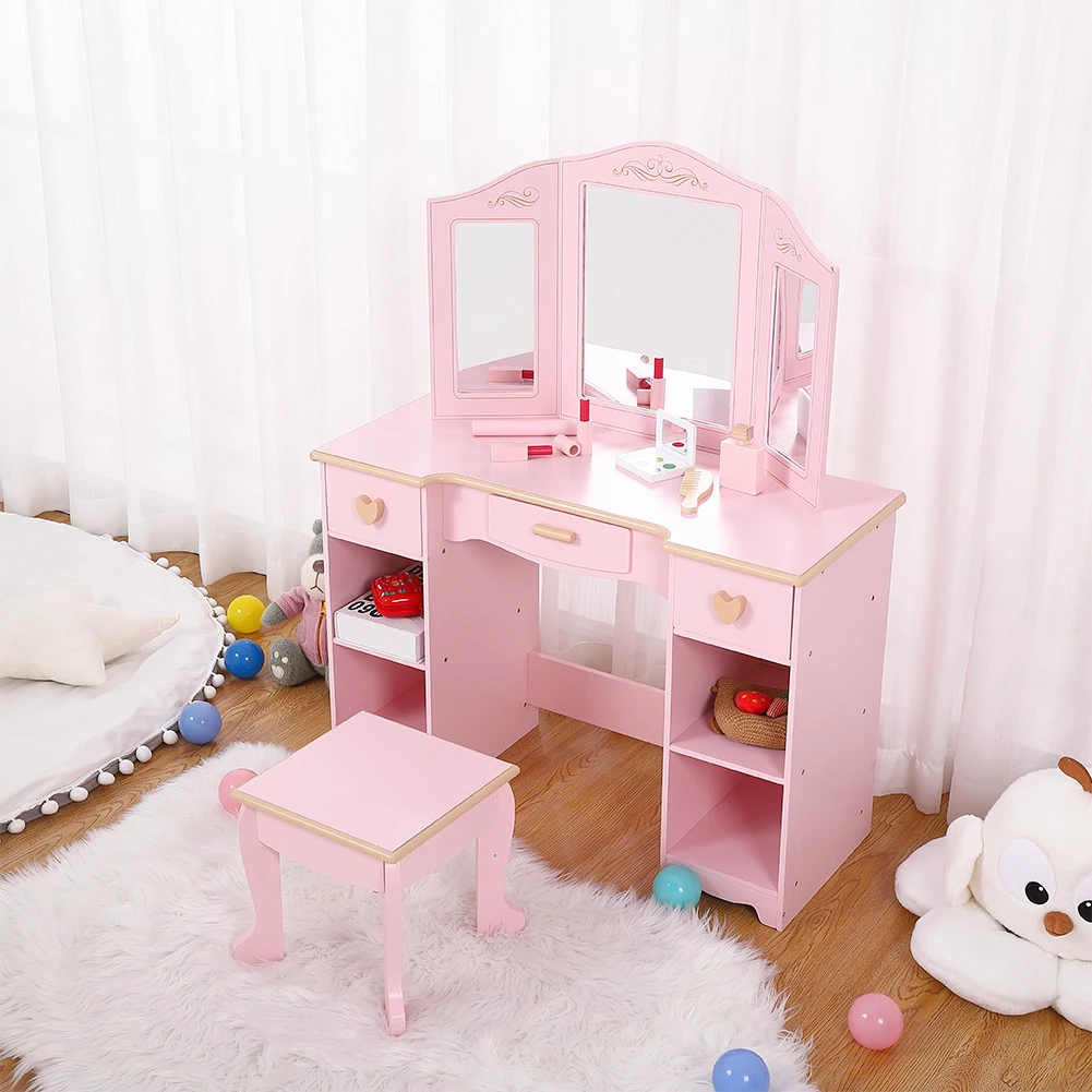 Kids Vanity, Pretend Play Vanity Set with Stool and Tri-Fold Mirror, Little Girl Makeup Desk,Toddler Dressing Table with Storage