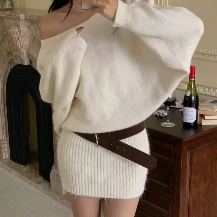 

Knitted Dr Women's Autumn Winter Korean Sle Chic Versatile Gentle Aesthetic One oulder Base ort Skirt with Belt