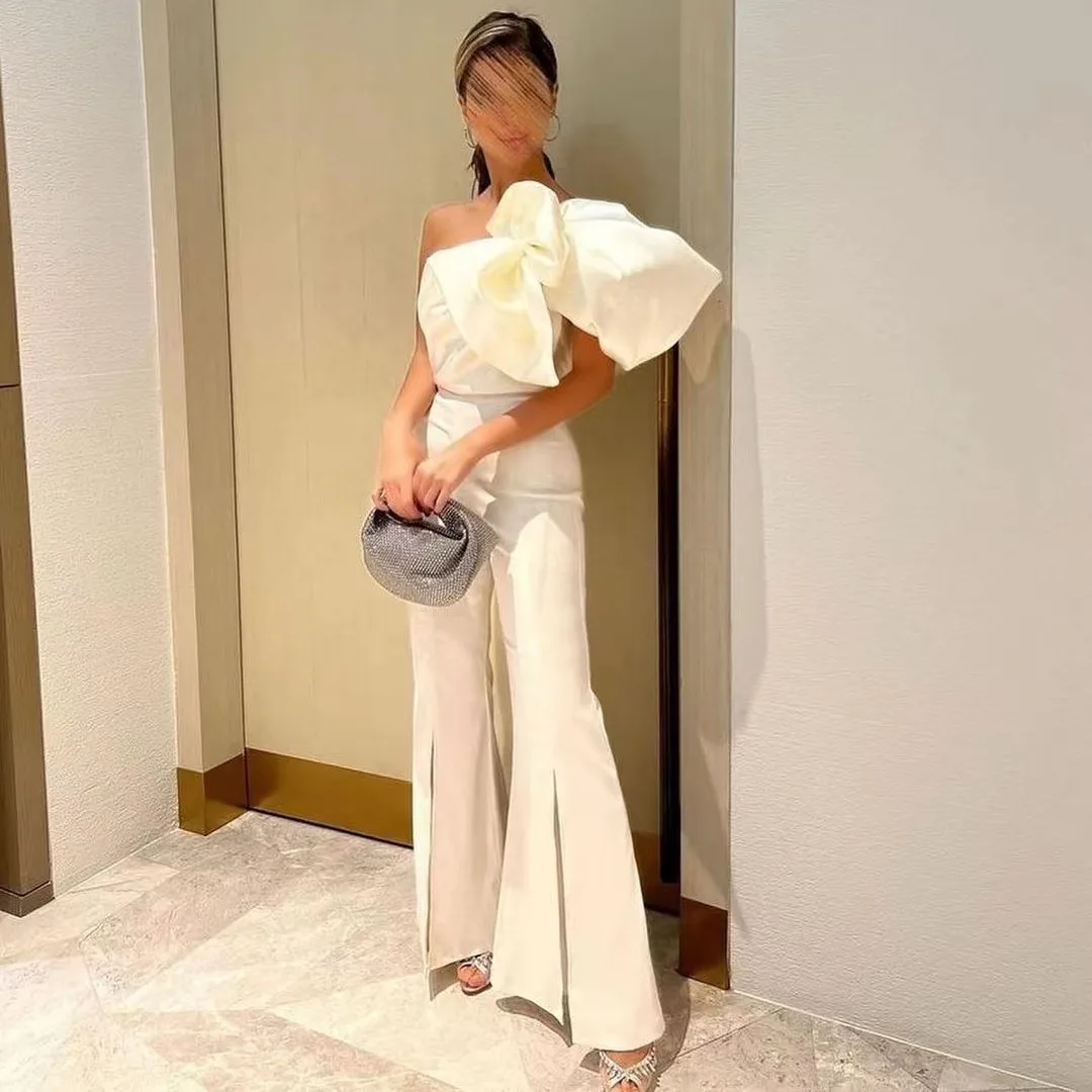 

Jumpsuit White Evening Dress With Big Bow Elegant One Shoulder Satin Banquet Women Party Prom Gowns Chic 2023 Formal Occasion