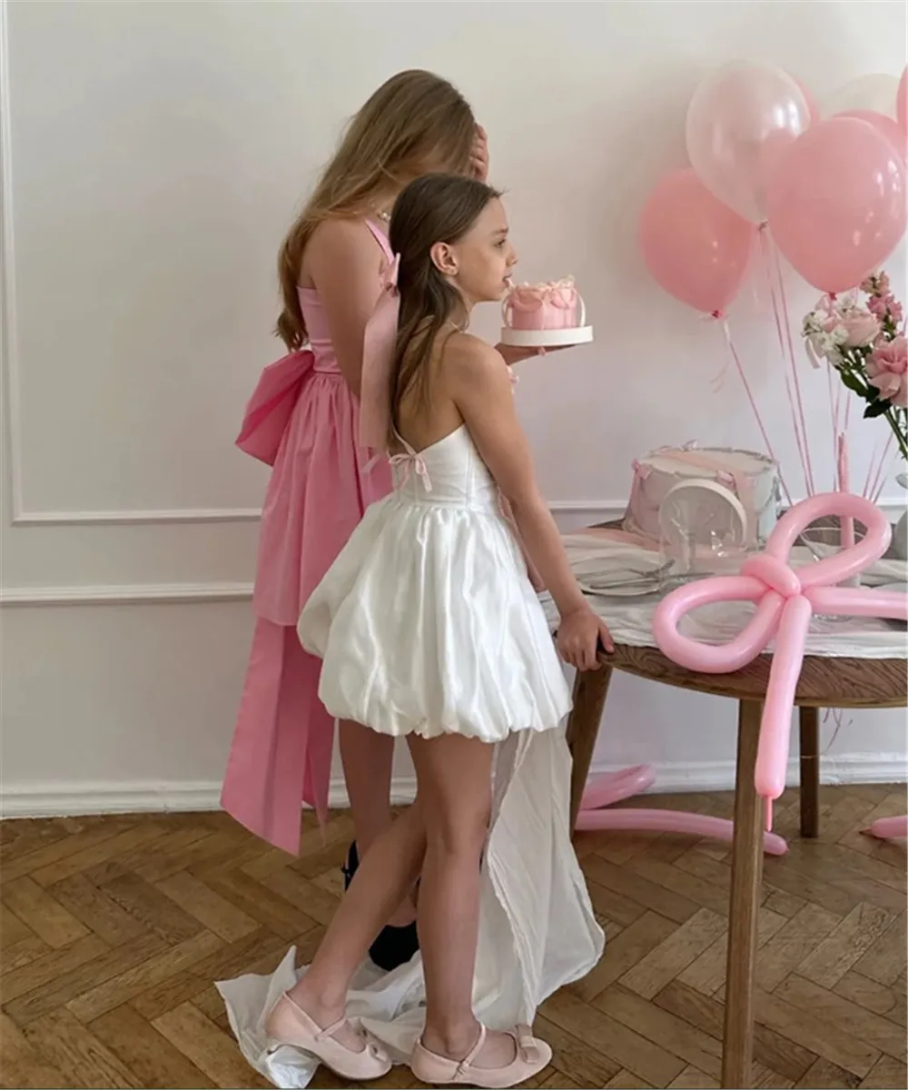 

Elegant Satin Flower Girl Wedding Dress Bow Ball Gown Baby Celebrity Birthday Party Dress First Communion Gown Customized