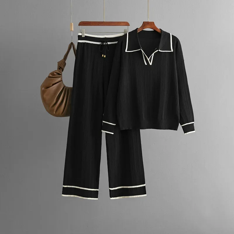 Matching Sets Turn Down Collar Pullover Tops Knitted Tracksuit Pant Sets Patchwork Wide Leg Ankle Length Pants Basics Loose