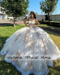 Light Champagne Beaded 3D Flowers Lace Appliques Quincenara Dresses Detachable Puff Long Sleeves 2024 Birthday Luxury Customized