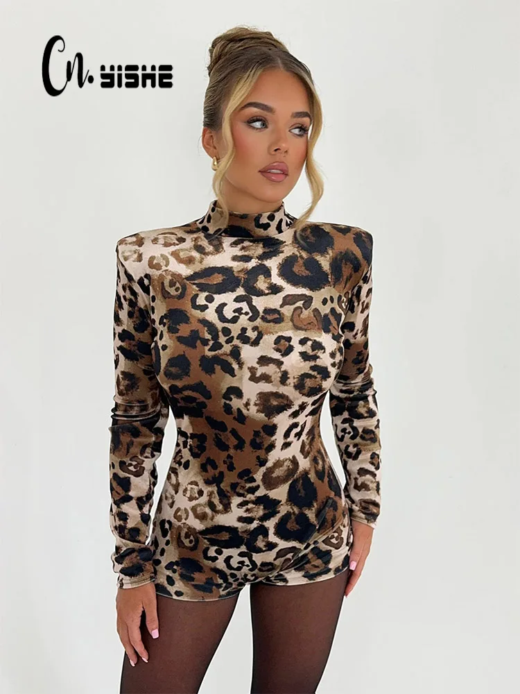 CNYISHE Leopard Printed Y2K Sheath Party Sexy Club Women Playsuits Long Sleeve Fashion Tompers O Neck Female Bodysuits Tops Tees