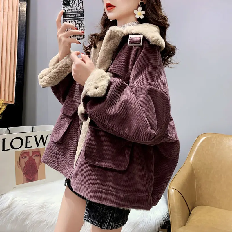 

Lamb Wool Cargo Jacket Women Autumn Winter Korean Warm Thick Corduroy Cotton Jacket Short Parka Zipper Pocket Long Sleeve Coat