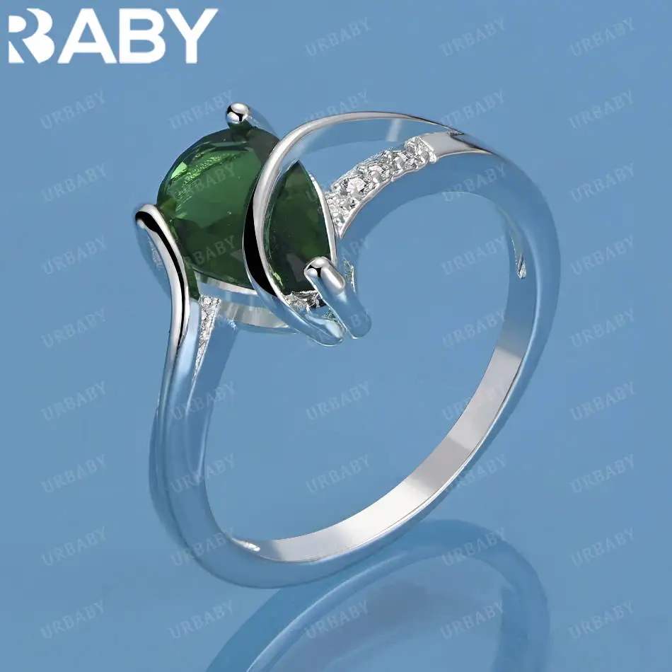 

URBABY 925 Sterling Silver Size 7-10 Green Teardrop Zircon Ring For Women Men Fashion Jewelry Charm Grace Engagement Accessories